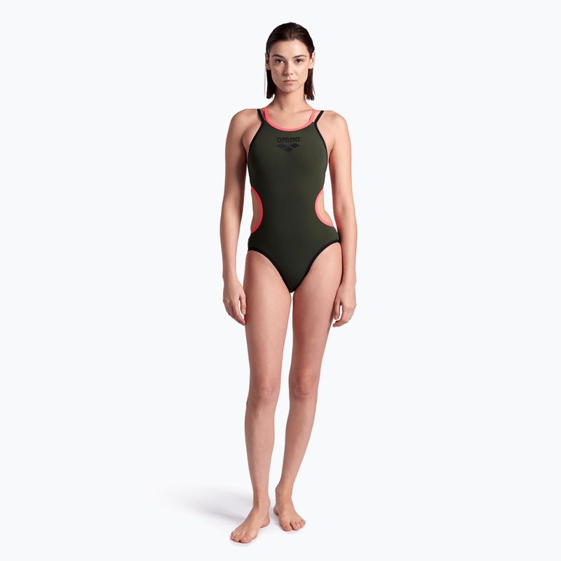 Γυναικείο ολόσωμο μαγιό arena One Double Cross Back One Piece dark sage/black/fluo red 5