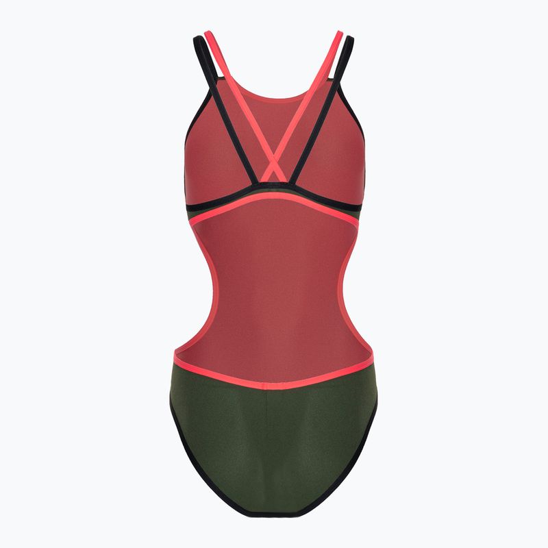 Γυναικείο ολόσωμο μαγιό arena One Double Cross Back One Piece dark sage/black/fluo red 2